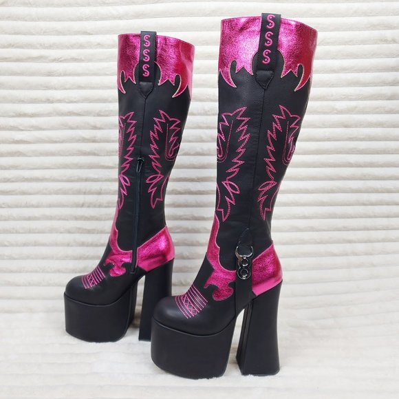 Free Your Mind Western Designed Platform Chunky Heel Knee Boots Festival Gothic - Picture 5 of 17